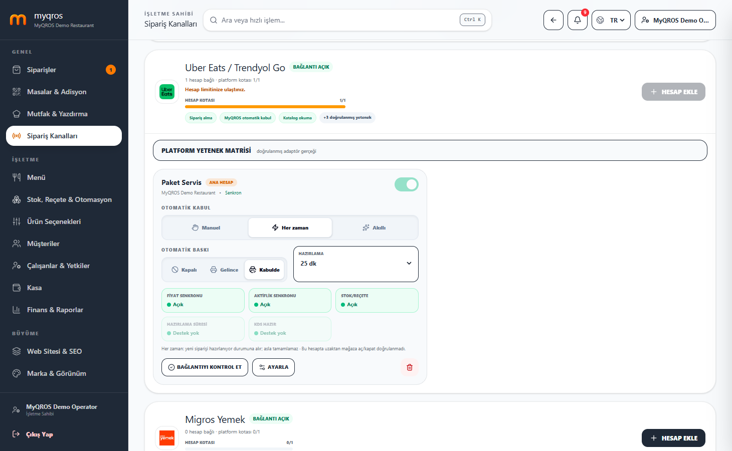 MyQROS platform hesapları ve otomasyon ayarları ekranı