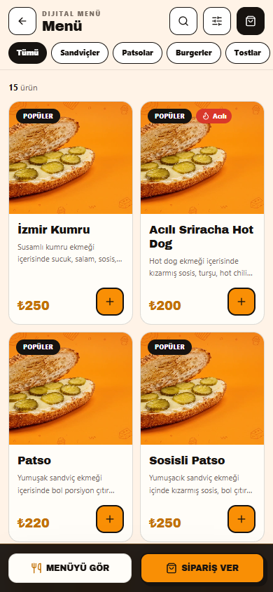 MyQROS ile hazırlanmış mobil restoran menüsü