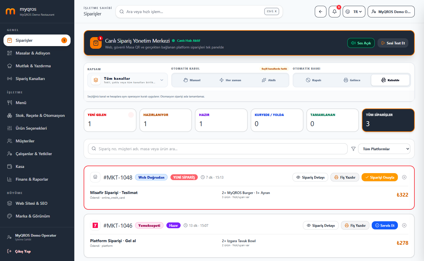 MyQROS sipariş yönetimi ekranı